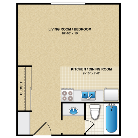 Floor plan for studio, 1 bath, 420 sqft